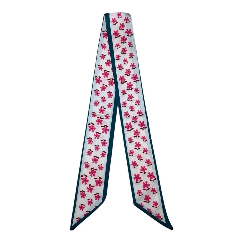 Pink Woman Scarf Thin Ribbon Floral Wrap 37” X 2.5”